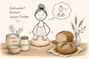 Frau knetet einen Sauerteig und findet durch achtsames Brotbacken zu mehr Klarheit und innerer Ruhe.