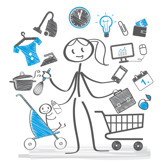Illustration einer Frau, die Familie, Haushalt und Beruf gleichzeitig organisiert