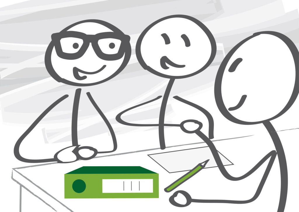 Drei Strichmännchen sitzen gemeinsam am Tisch, arbeiten zusammen und zeigen Teamgeist und Miteinander.