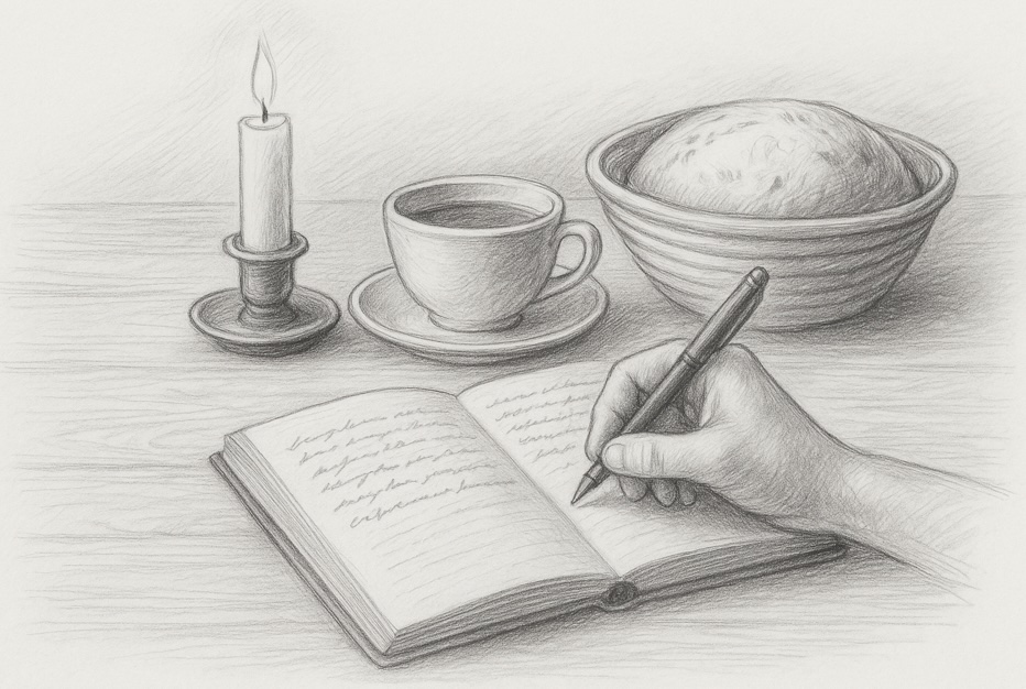 Schwarz-weiße Bleistiftzeichnung: Eine Hand schreibt in ein offenes Notizbuch, daneben stehen eine dampfende Tasse auf Untertasse, eine brennende Kerze und ein Gärkörbchen mit aufgehendem Teig.