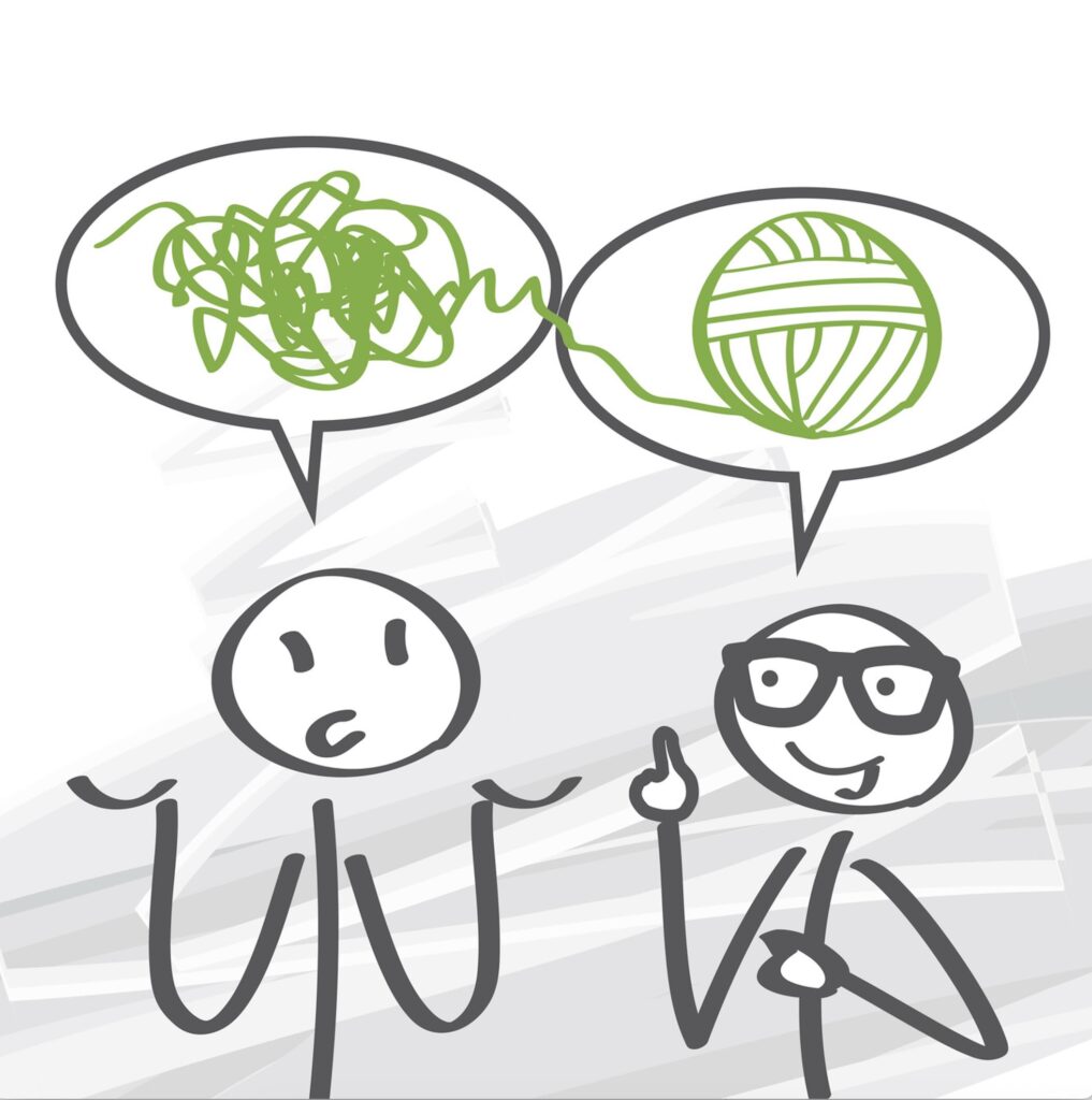 Strichmännchen-Illustration: Eine Person zeigt ein verworrenes Wollknäuel, während die andere Person die Klarheit einer geordneten Wollkugel darstellt. Symbolbild für systemisches 1:1 Coaching und innere Ordnung.