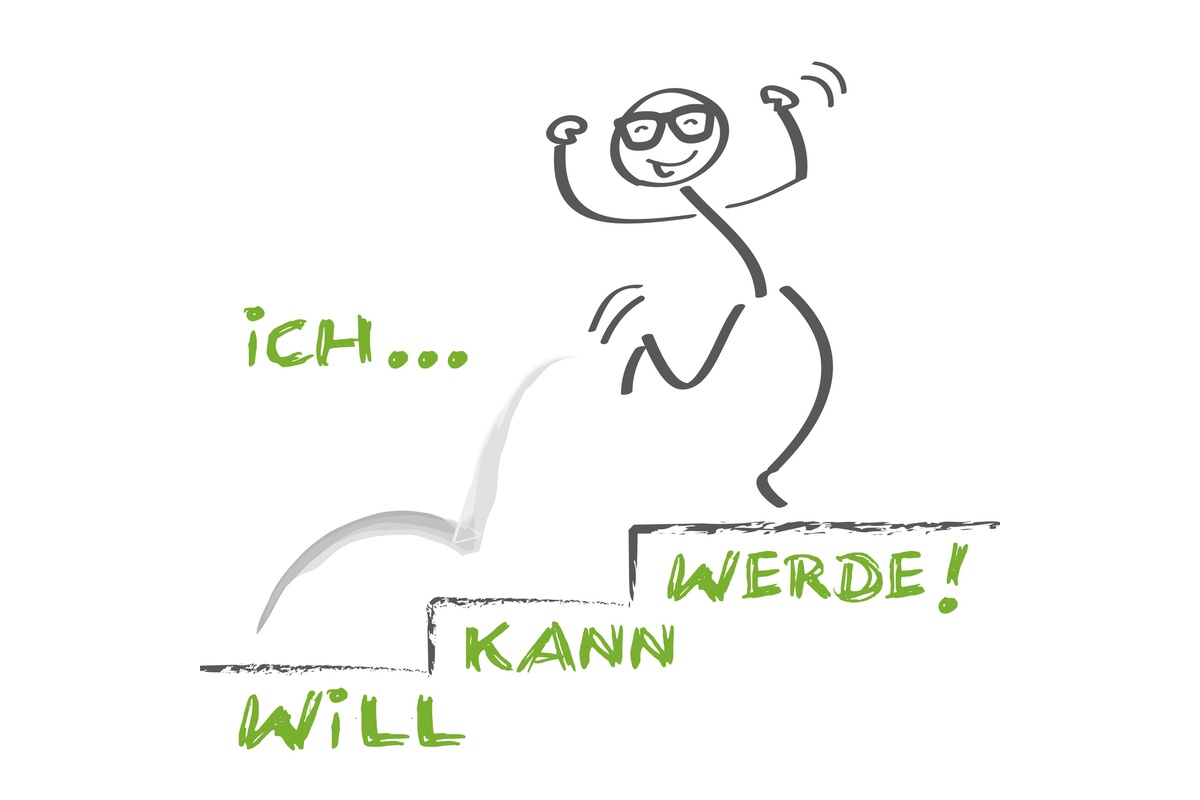 Strichmännchen springt motiviert eine Treppe hinauf mit den Worten „Ich will – ich kann – ich werde“ – Symbol für die kreative Kraft der Wut.