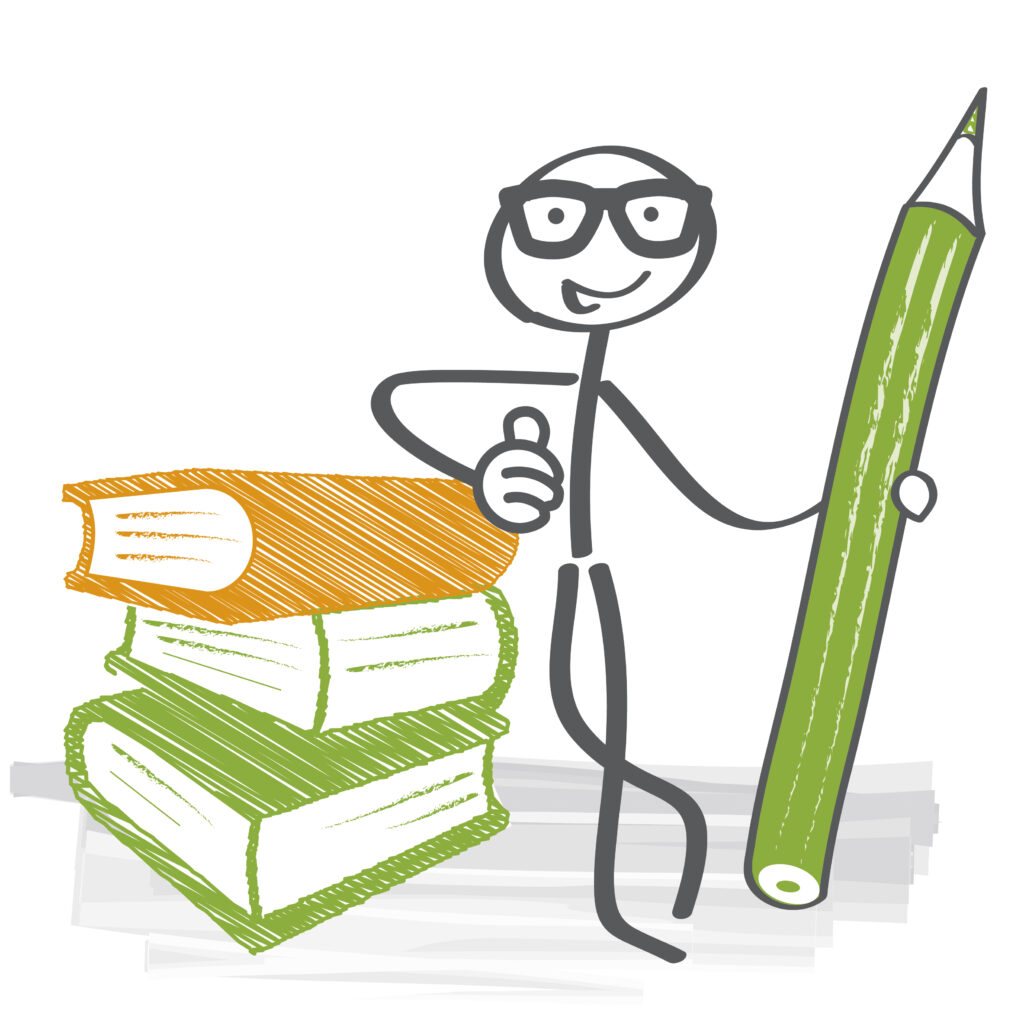 Strichmännchen mit großem Stift und Bücherstapel, das den Pressebereich des klaradenken Verlags symbolisiert.