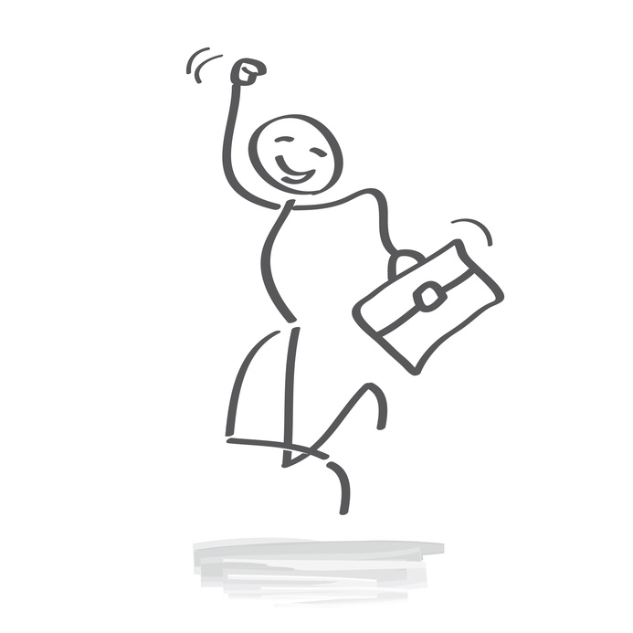 Strichmännchen, das fröhlich mit einem Aktenkoffer springt und den Aufbruch in die Selbständigkeit symbolisiert.
